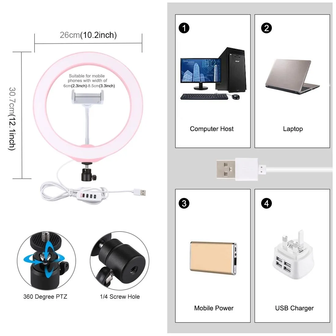 26cm Dimmable Led Ring Light with Tripod and Phone Clamp