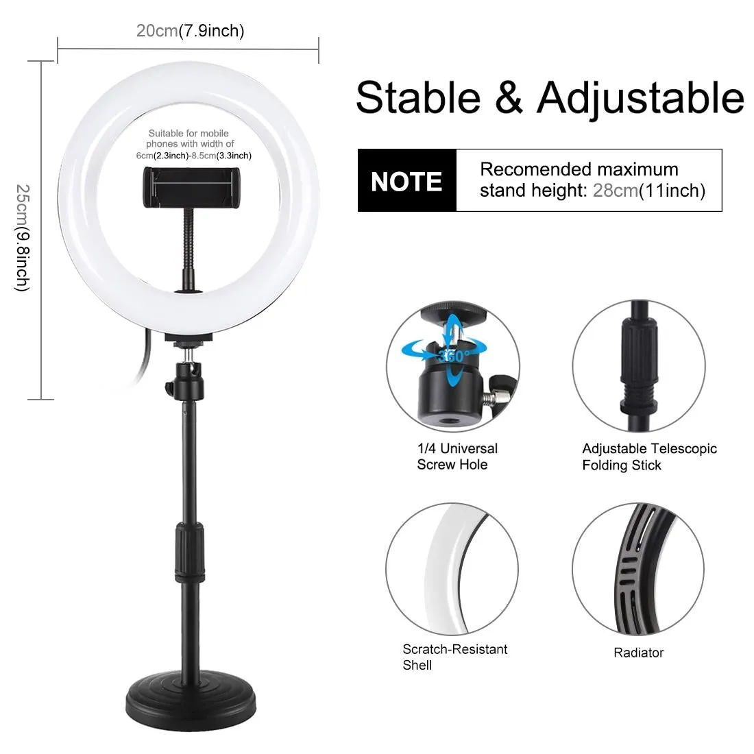 7.9 Led Ring Light with Usb 3 Modes Dual Colour Phone Clamp