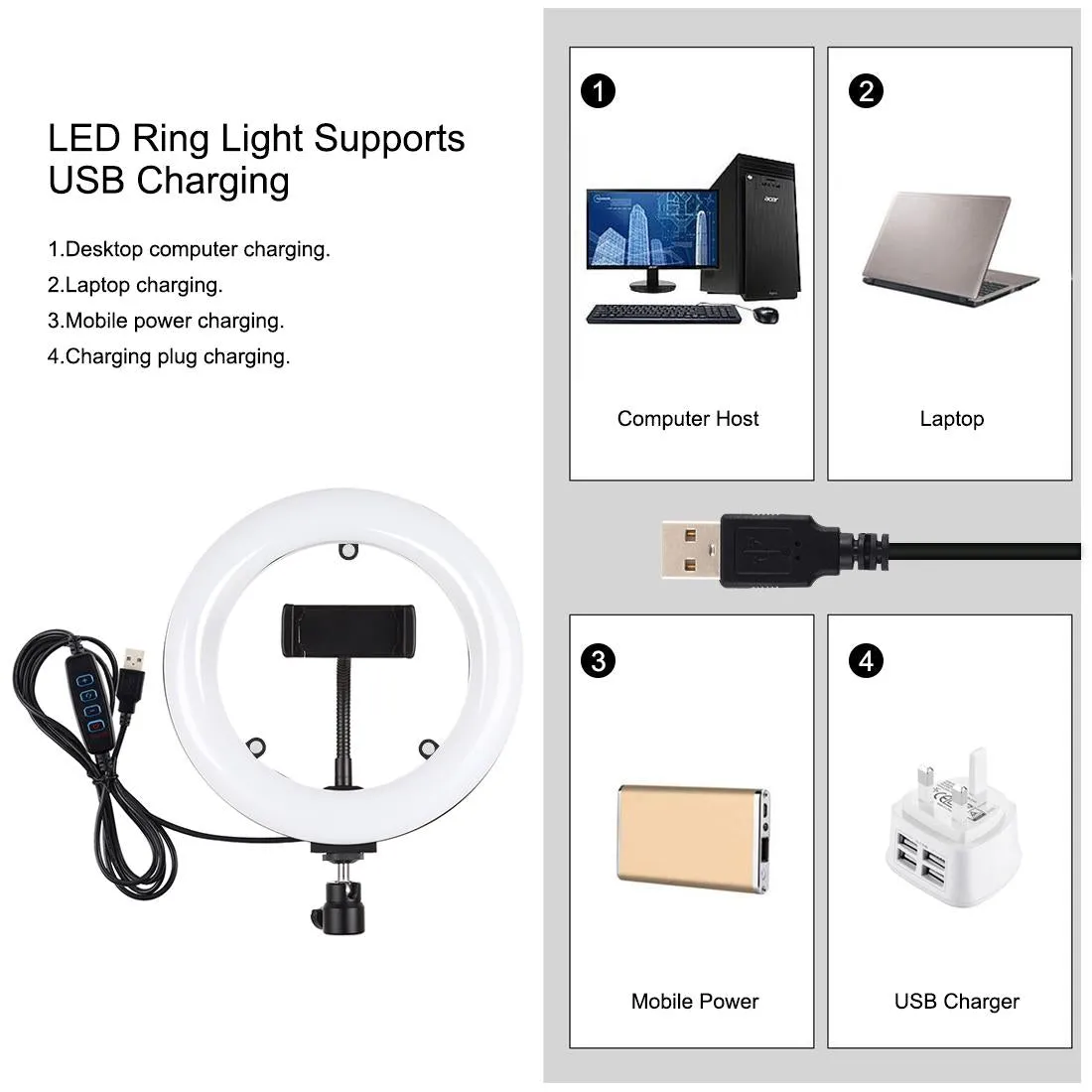 7.9 Mirror Light with Tripod & Usb 3 Modes Dual Colour Curved Ring Light for Vlogging Selfie Photography Video Phone Clamp - Black
