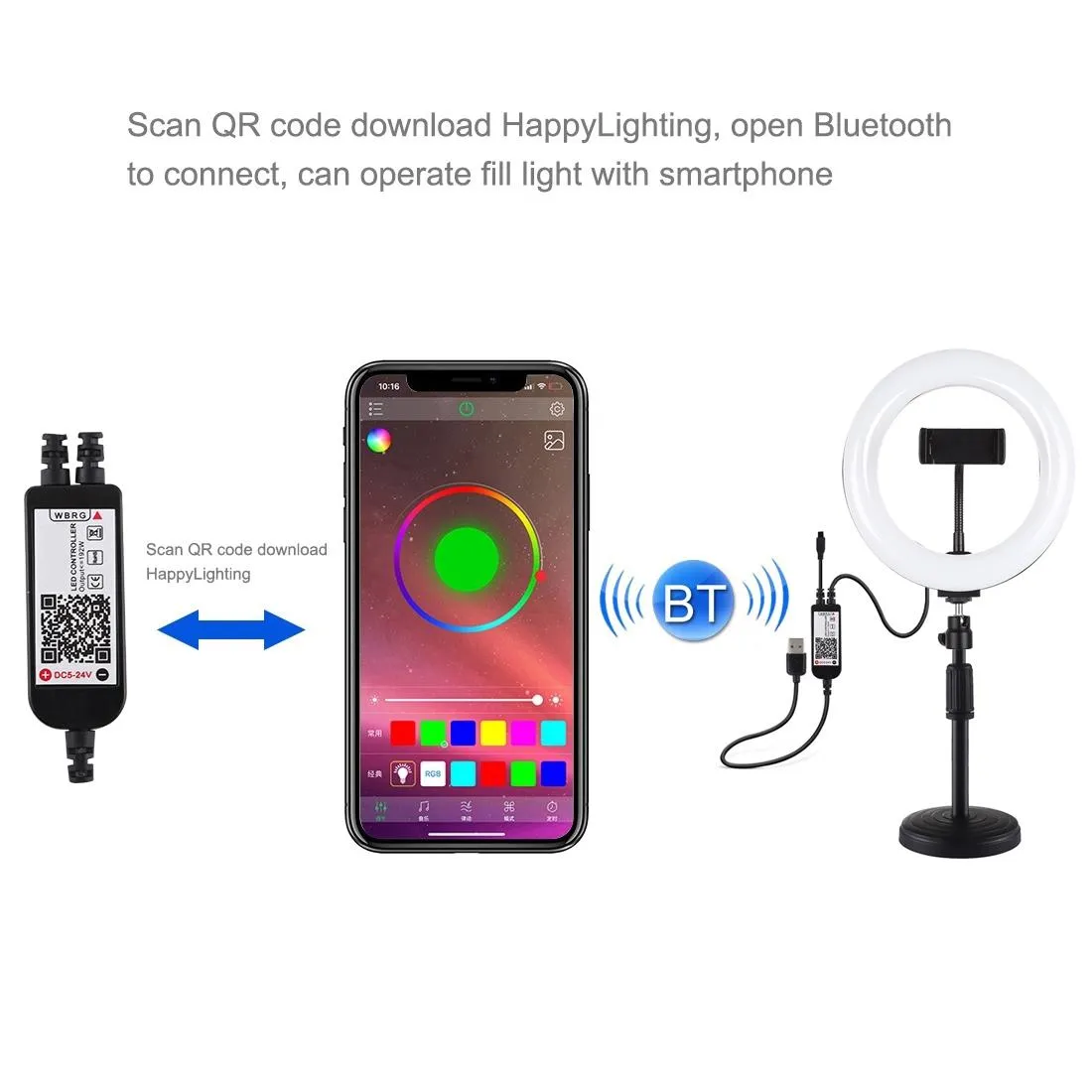 7.9 Rgbw Led Ring Light with Dual Colour Temperature and Phone Clamp