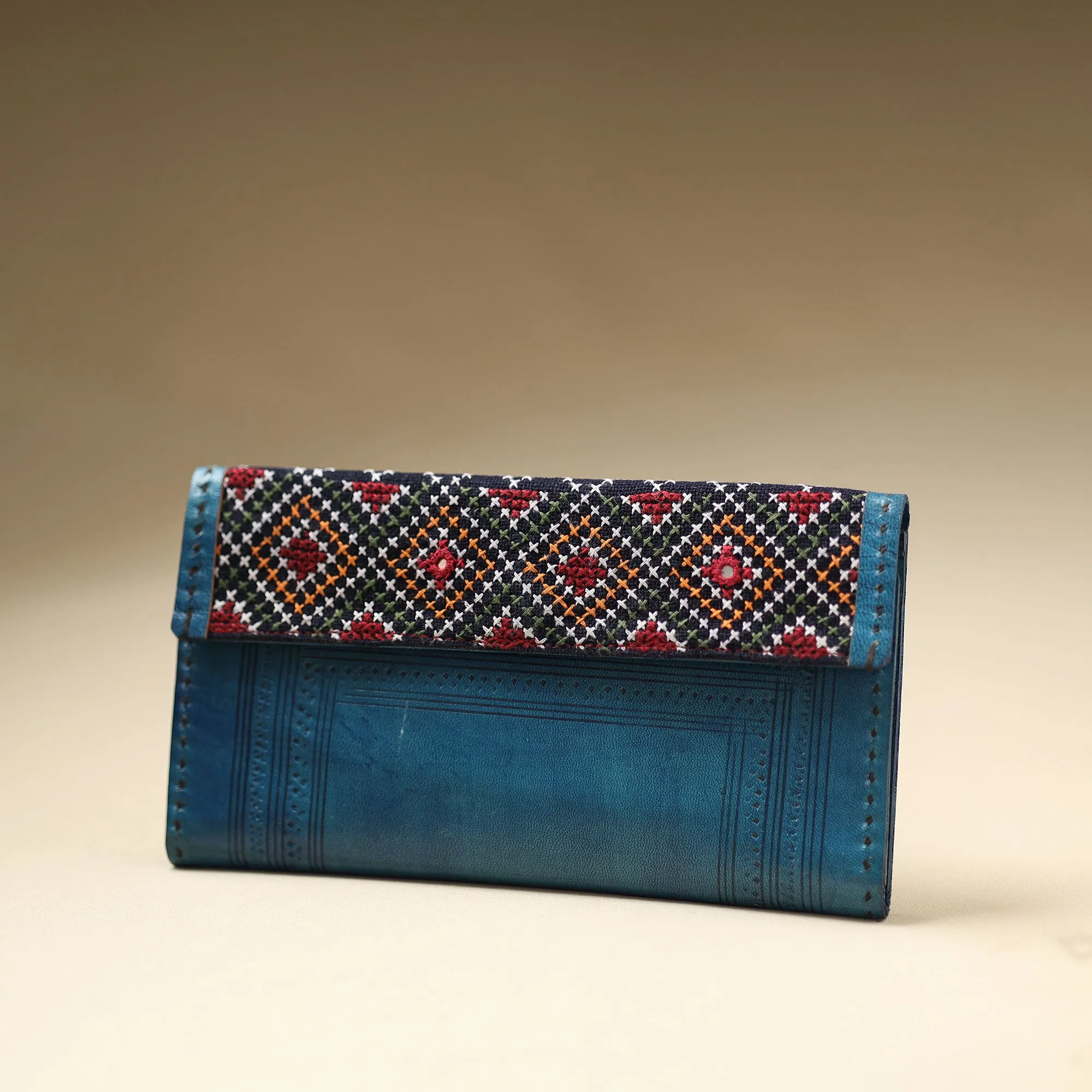 Blue - Handcrafted Kutch Jat Embroidery Leather Wallet