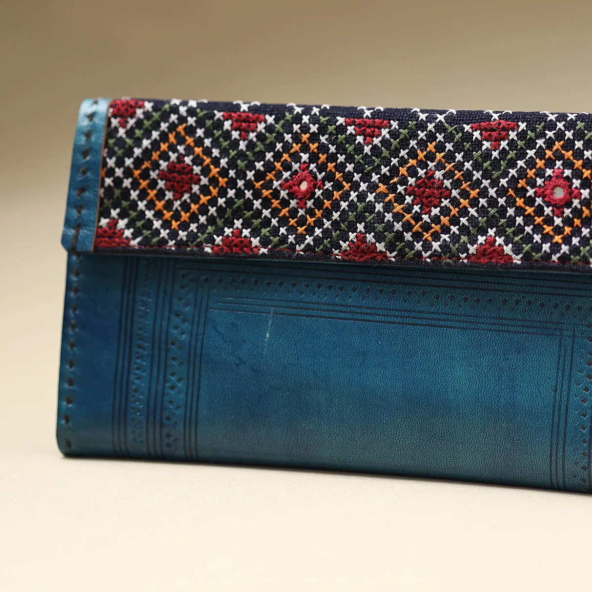 Blue - Handcrafted Kutch Jat Embroidery Leather Wallet