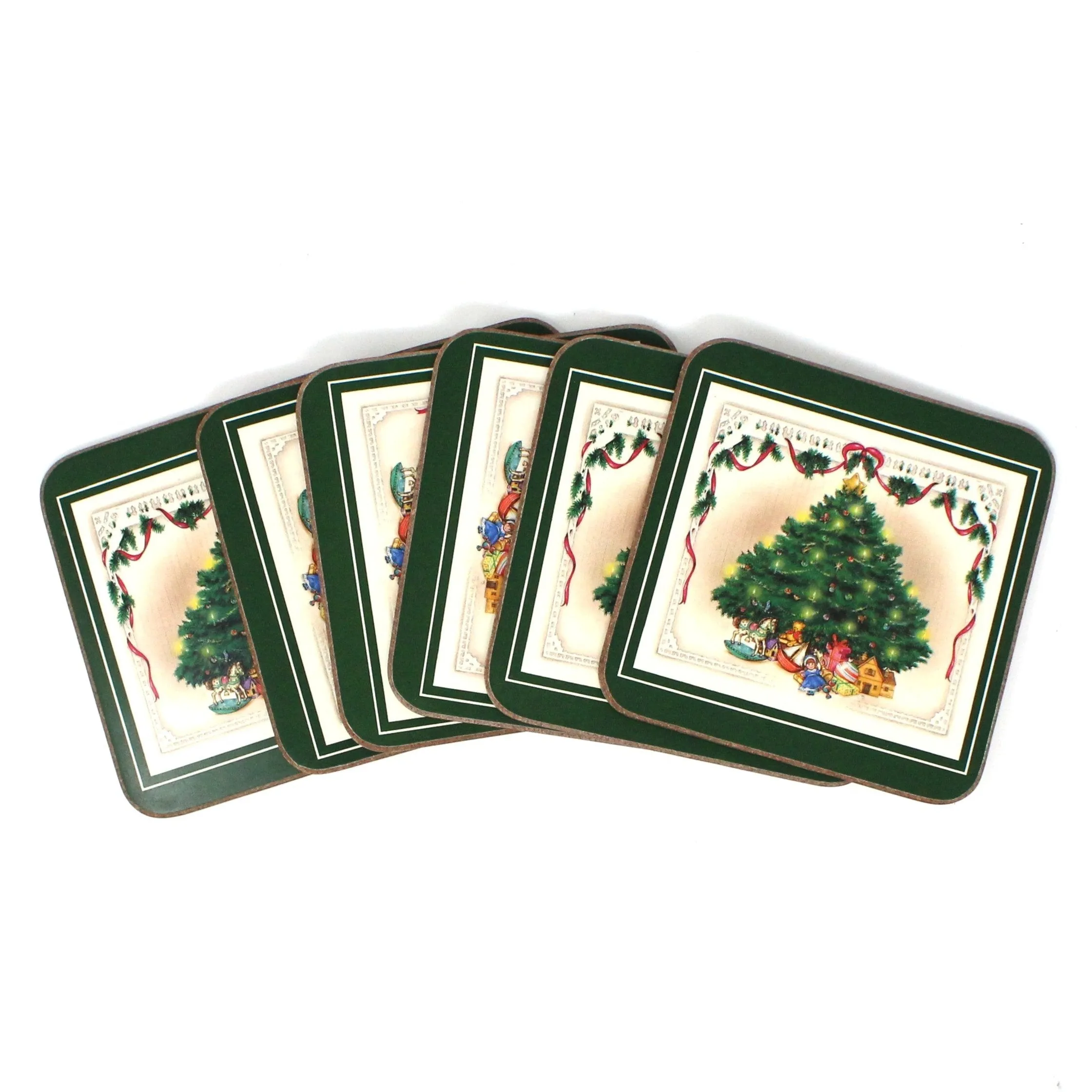 Coasters, English Life Designer Coasters, Traditional Christmas Tree Image, Set of 6, England Vintage