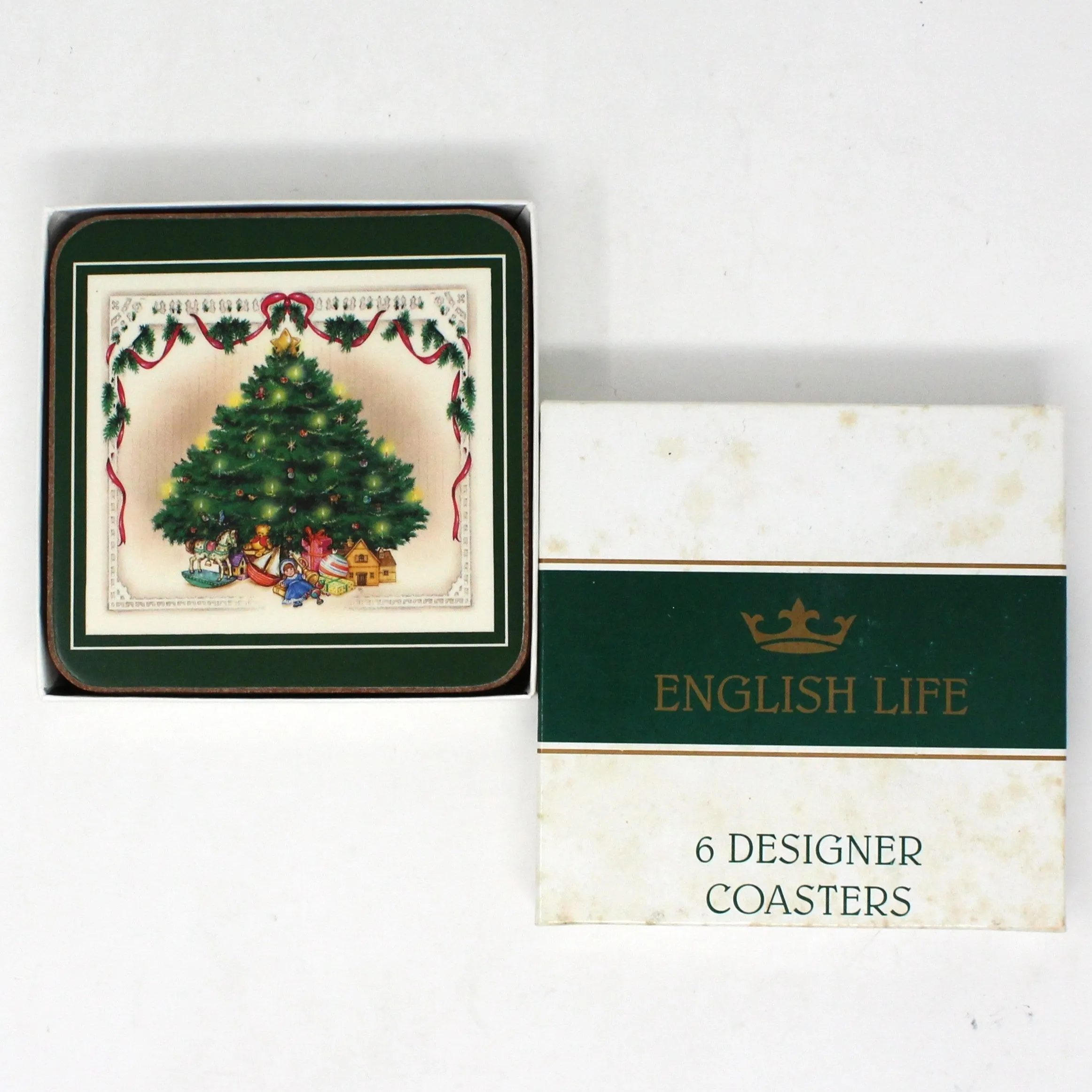 Coasters, English Life Designer Coasters, Traditional Christmas Tree Image, Set of 6, England Vintage