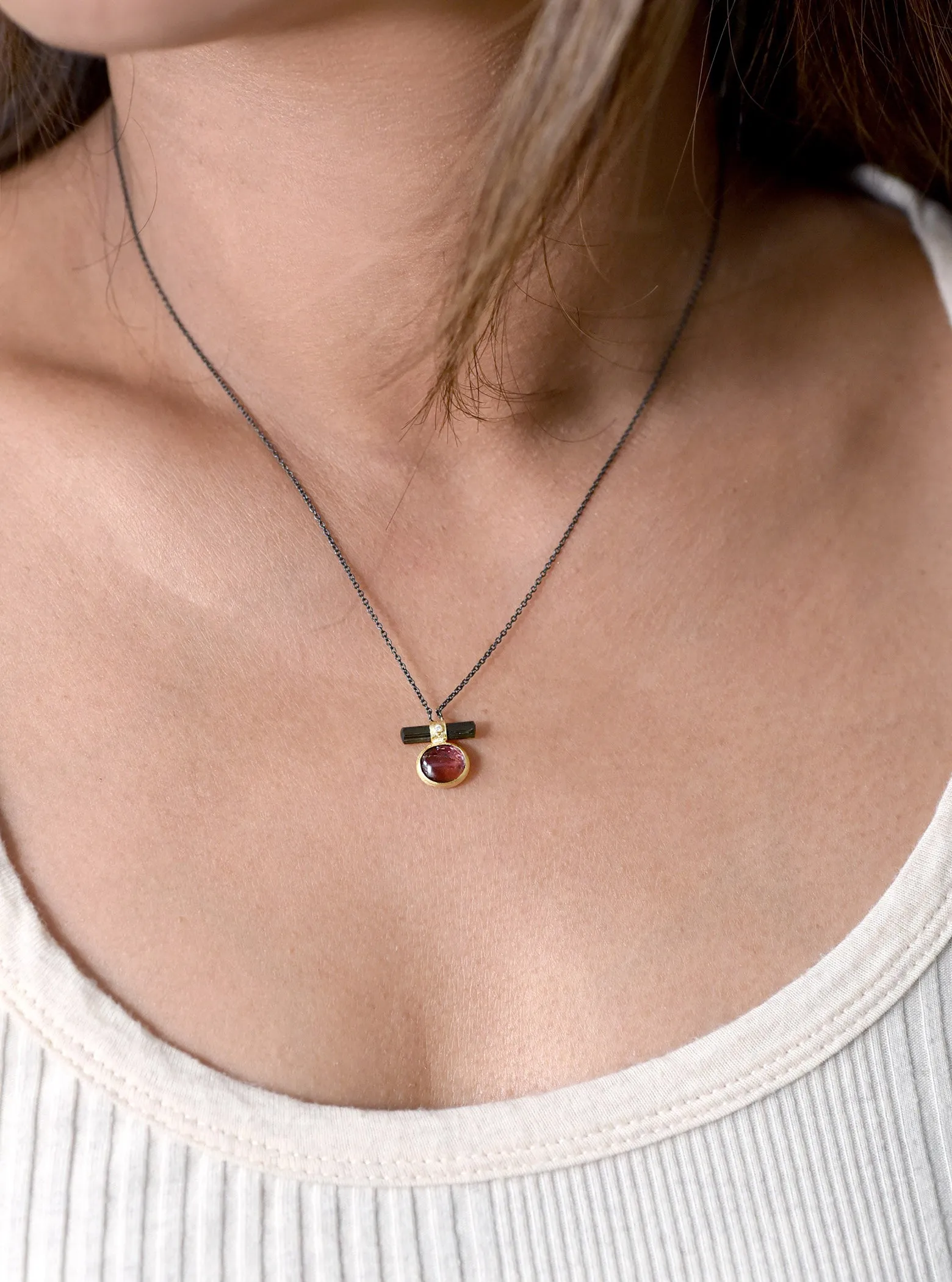 Double Tourmaline Horizontal Bar With Diamond Necklace