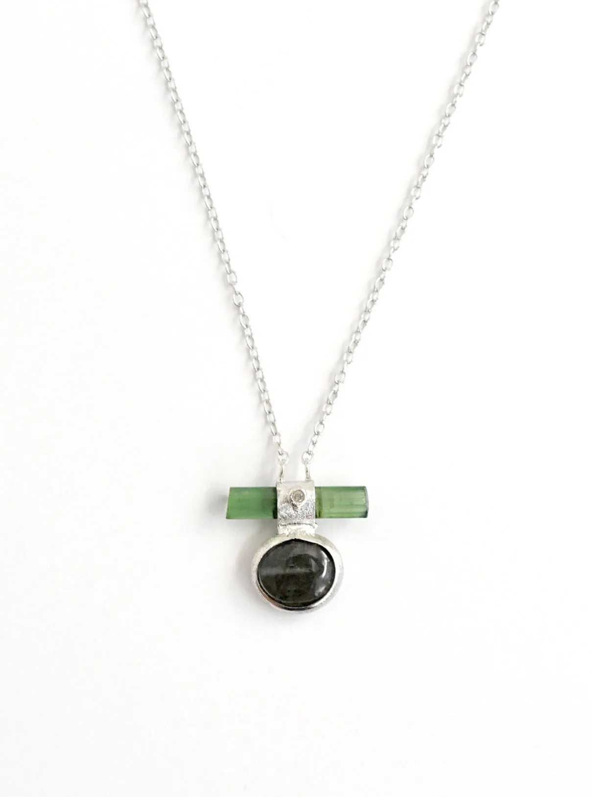 Double Tourmaline Horizontal Bar With Diamond Necklace