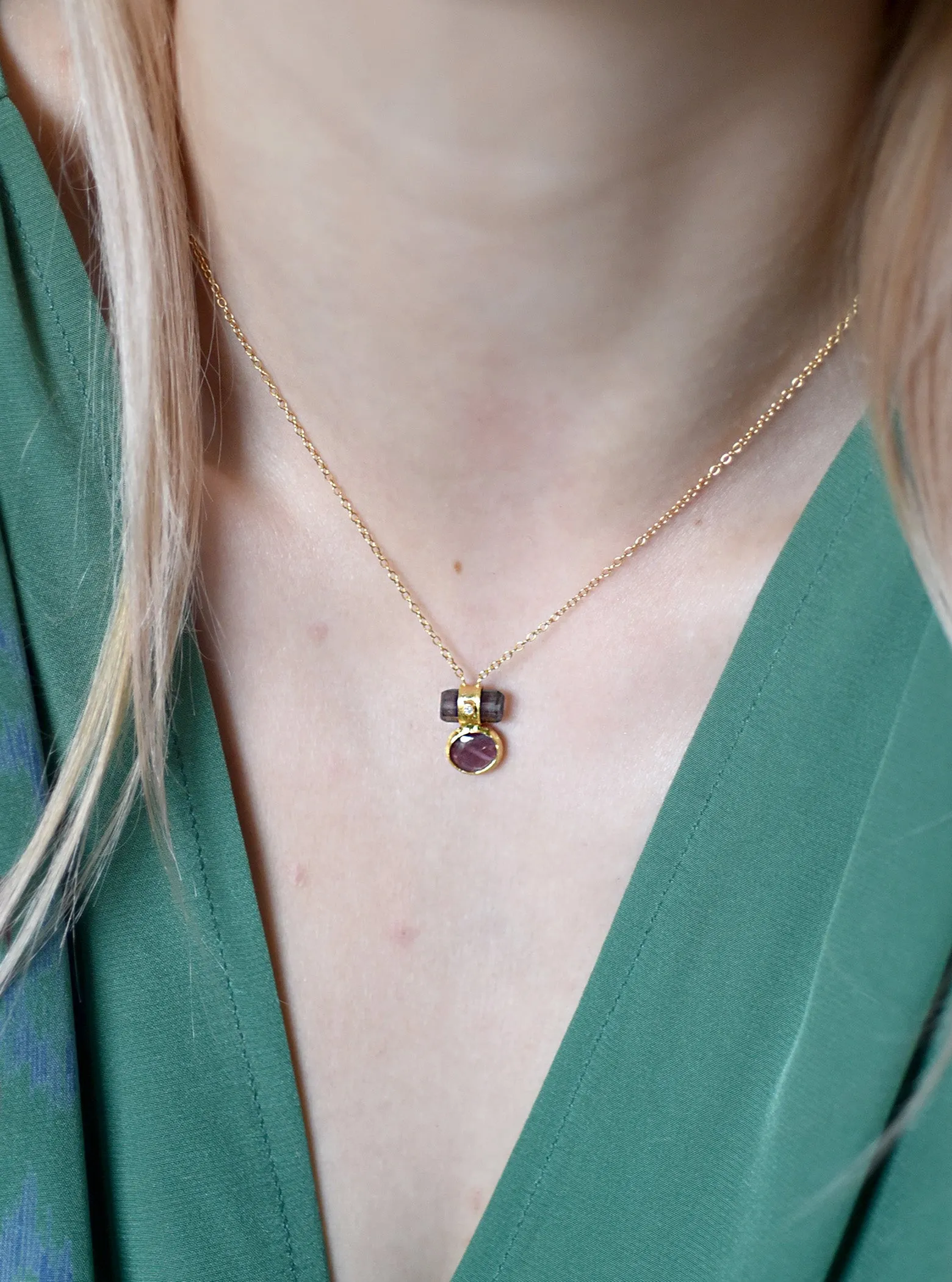 Double Tourmaline Horizontal Bar With Diamond Necklace