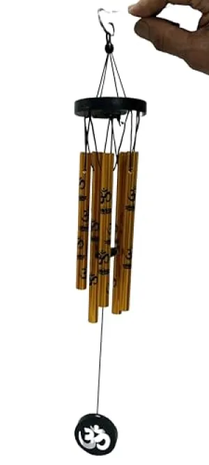 Golden Feng Shui Metal Wind Chime with 5 Om-Printed Pipes for Positive Energy, Decorative Hanging Bells for Indoor/Outdoor Use, Good Luck Chimes for Home or Balcony Decoration (Small Size)