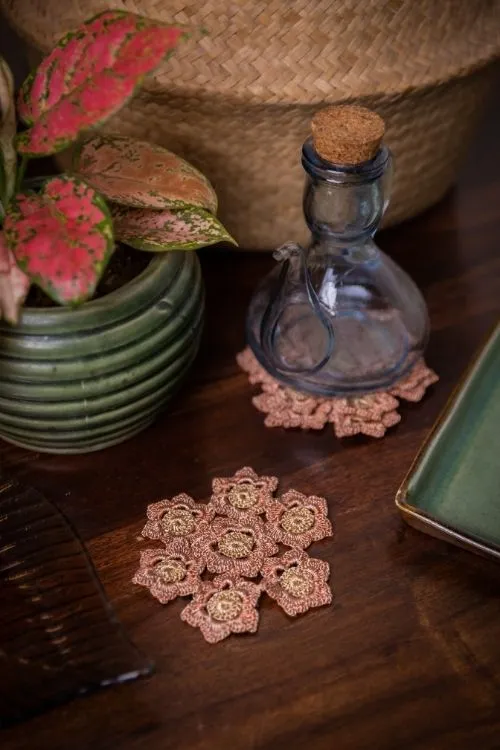 Handmade Crochet Ziba Floral Coasters Rust Beige
