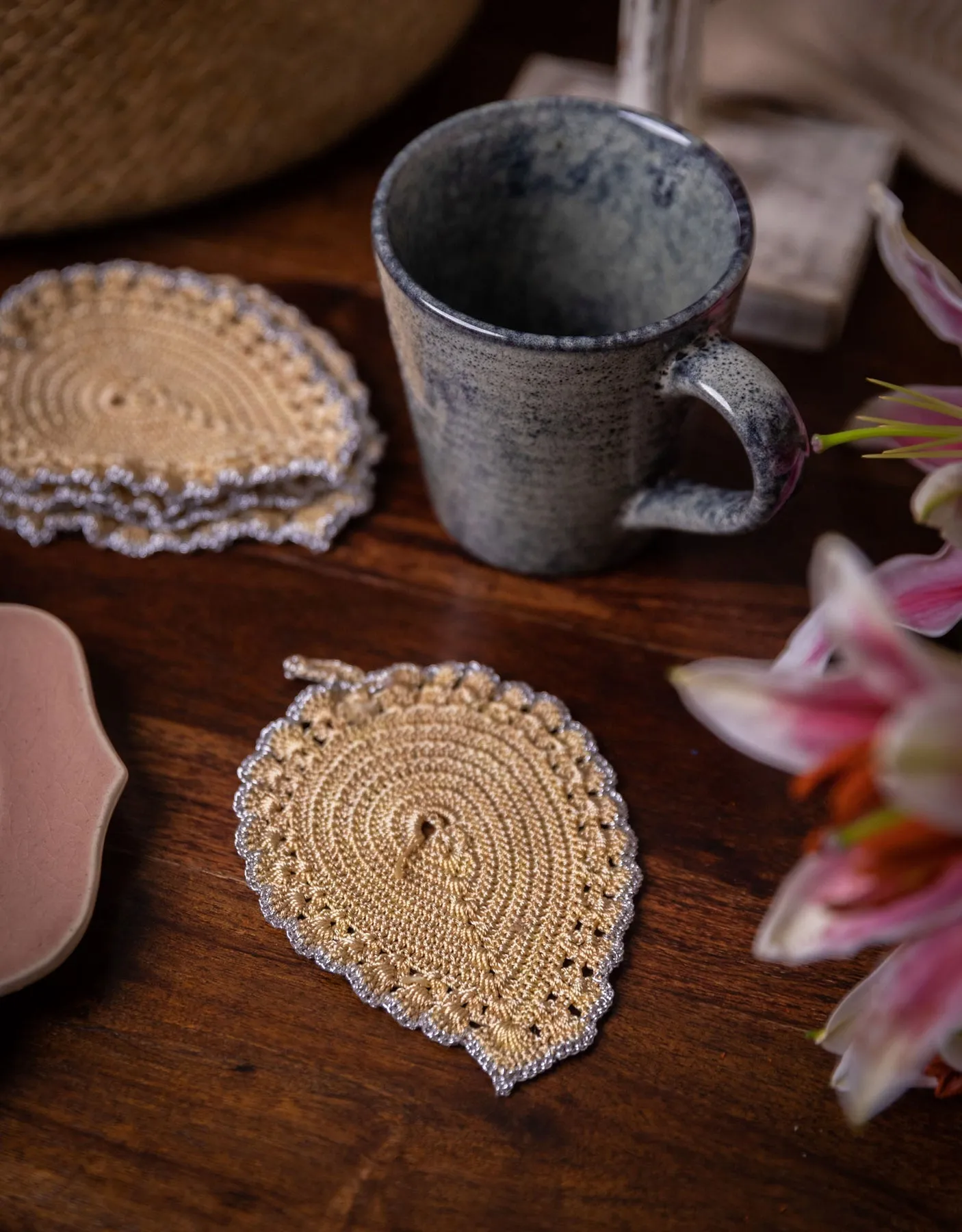 Handmade Crochet Ziba Leaf Coasters Silver Beige