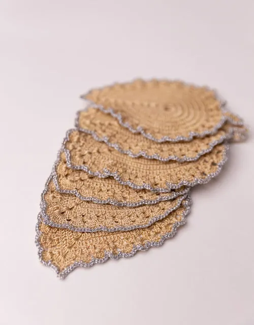 Handmade Crochet Ziba Leaf Coasters Silver Beige