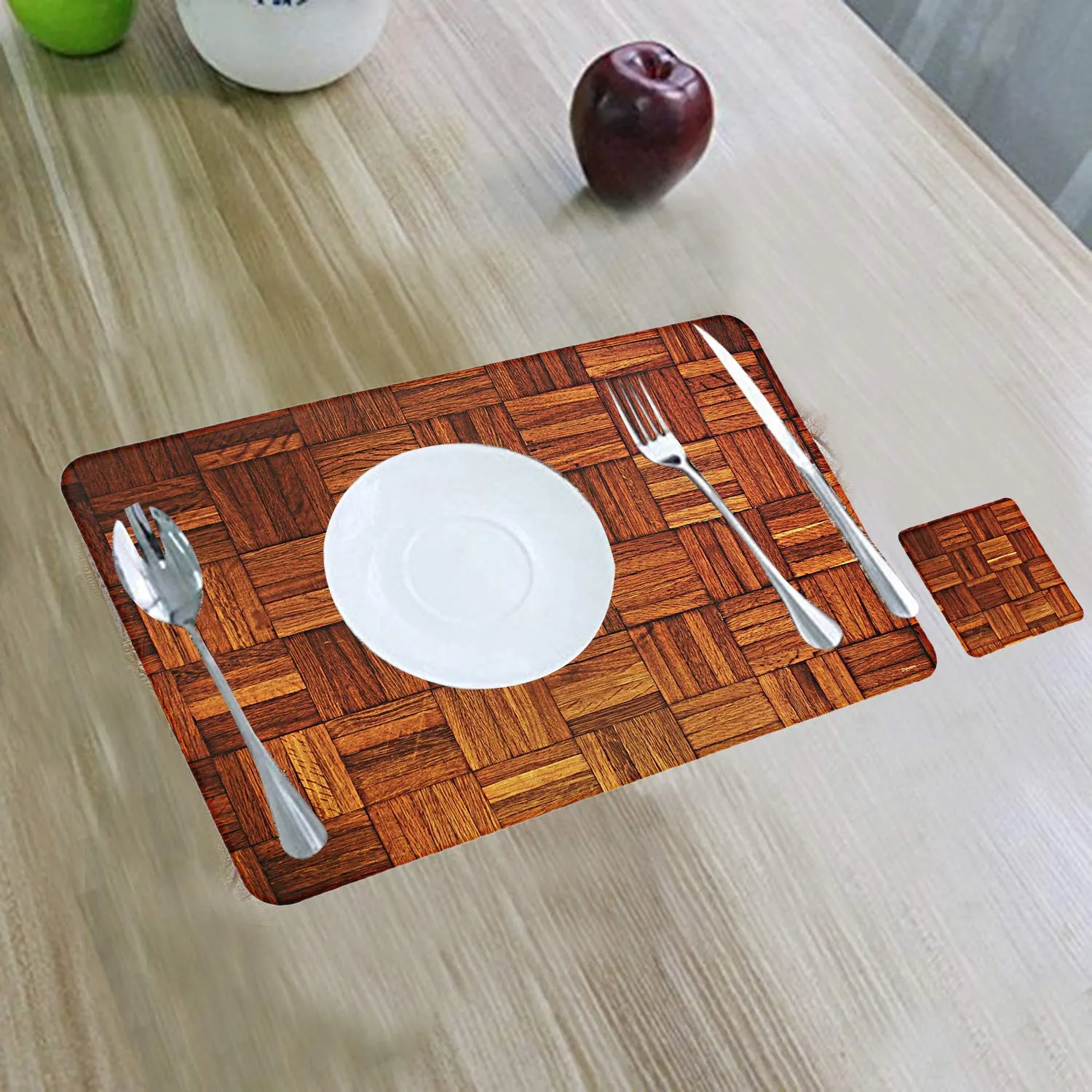 Kuber Industries Wooden Design Floral PVC Rectangular Dining Table Placemat with Tea Coasters - (Multicolour) Set of 6 Piece