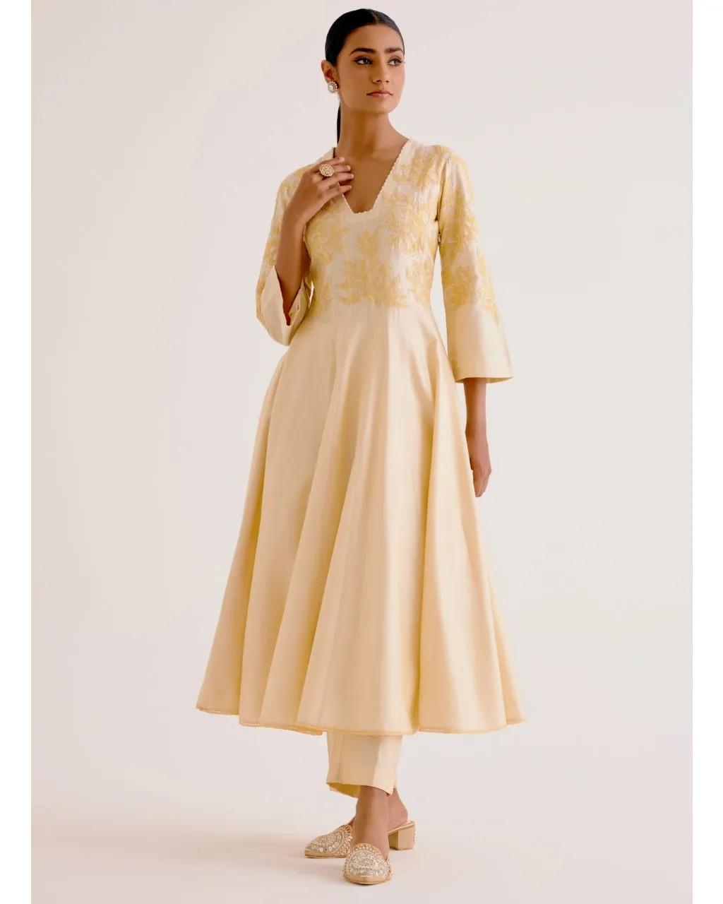 Lemon Yellow Cotton Silk Blend Hand-Painted Anarkali Set