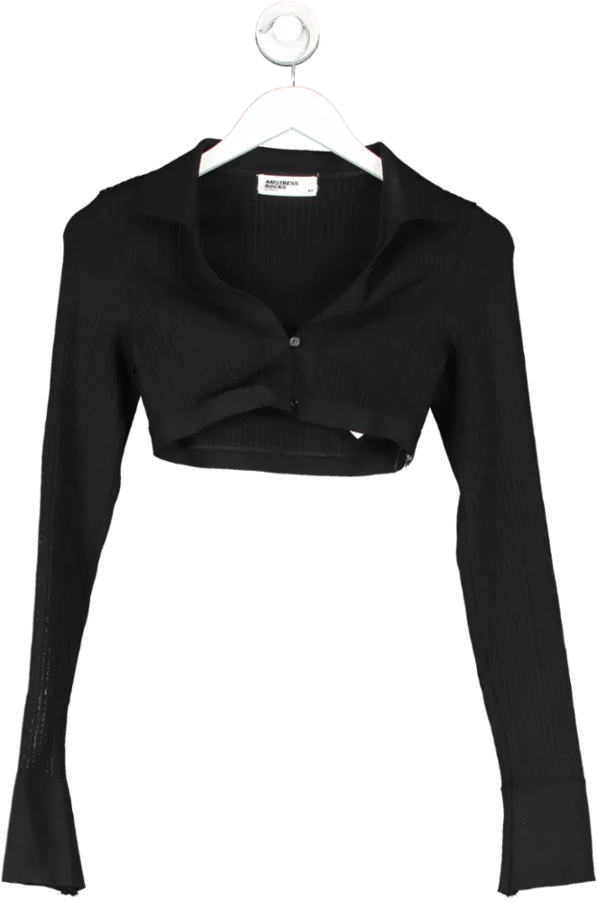 Mistress Rocks Black Collared Cropped Long Sleeve Button Front Top UK XS