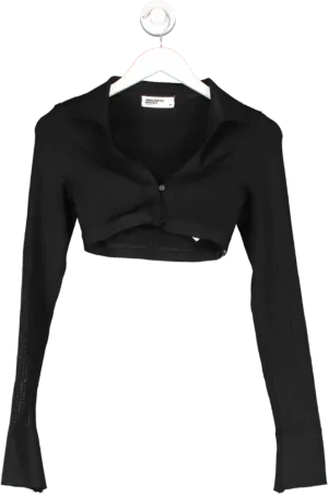 Mistress Rocks Black Collared Cropped Long Sleeve Button Front Top UK XS