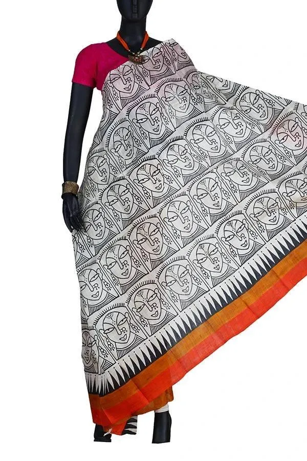 Off White Festive Silk Hand Painted Saree