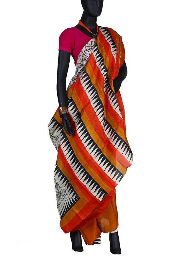 Off White Festive Silk Hand Painted Saree