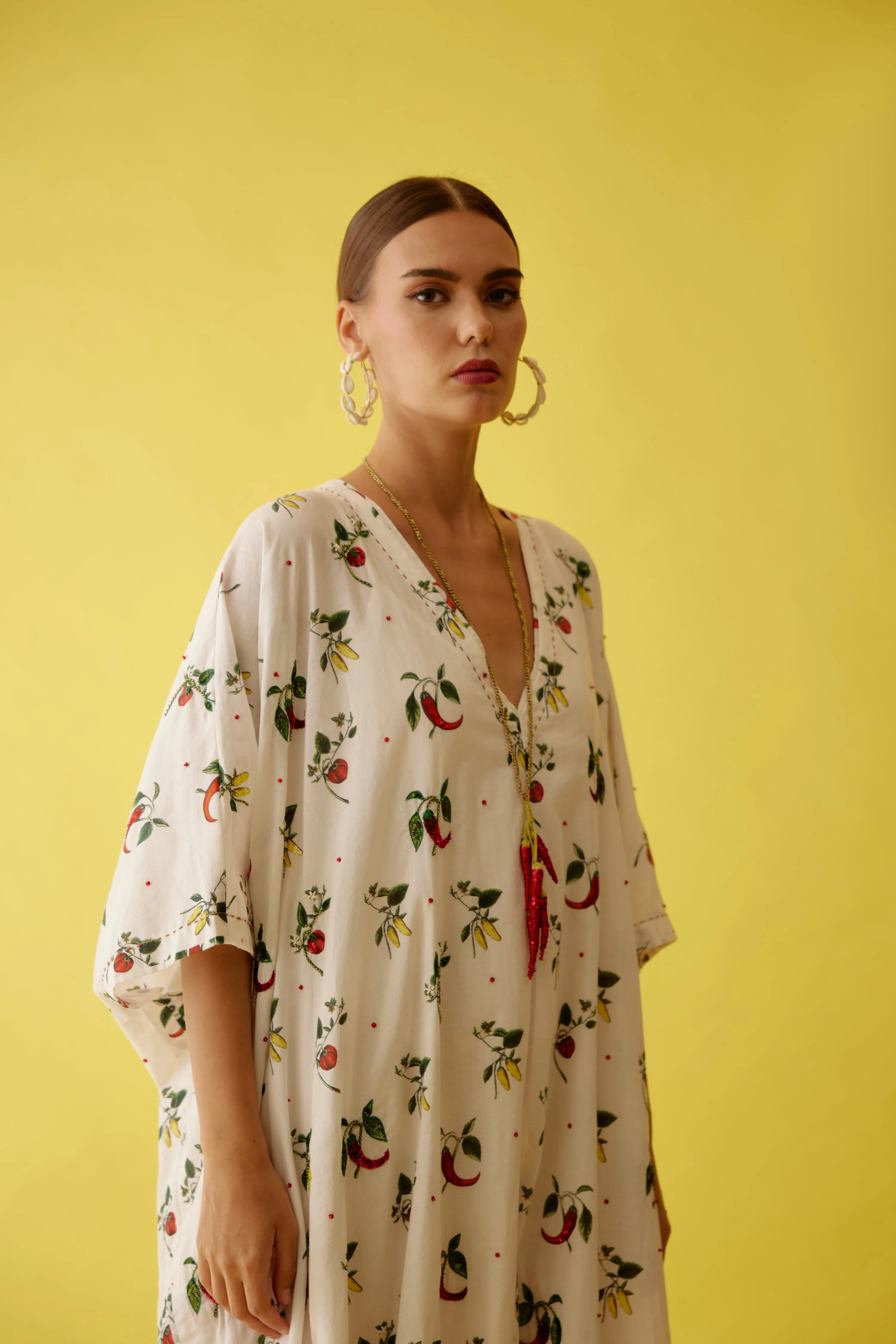 Off-white hand painted chilli print kaftan