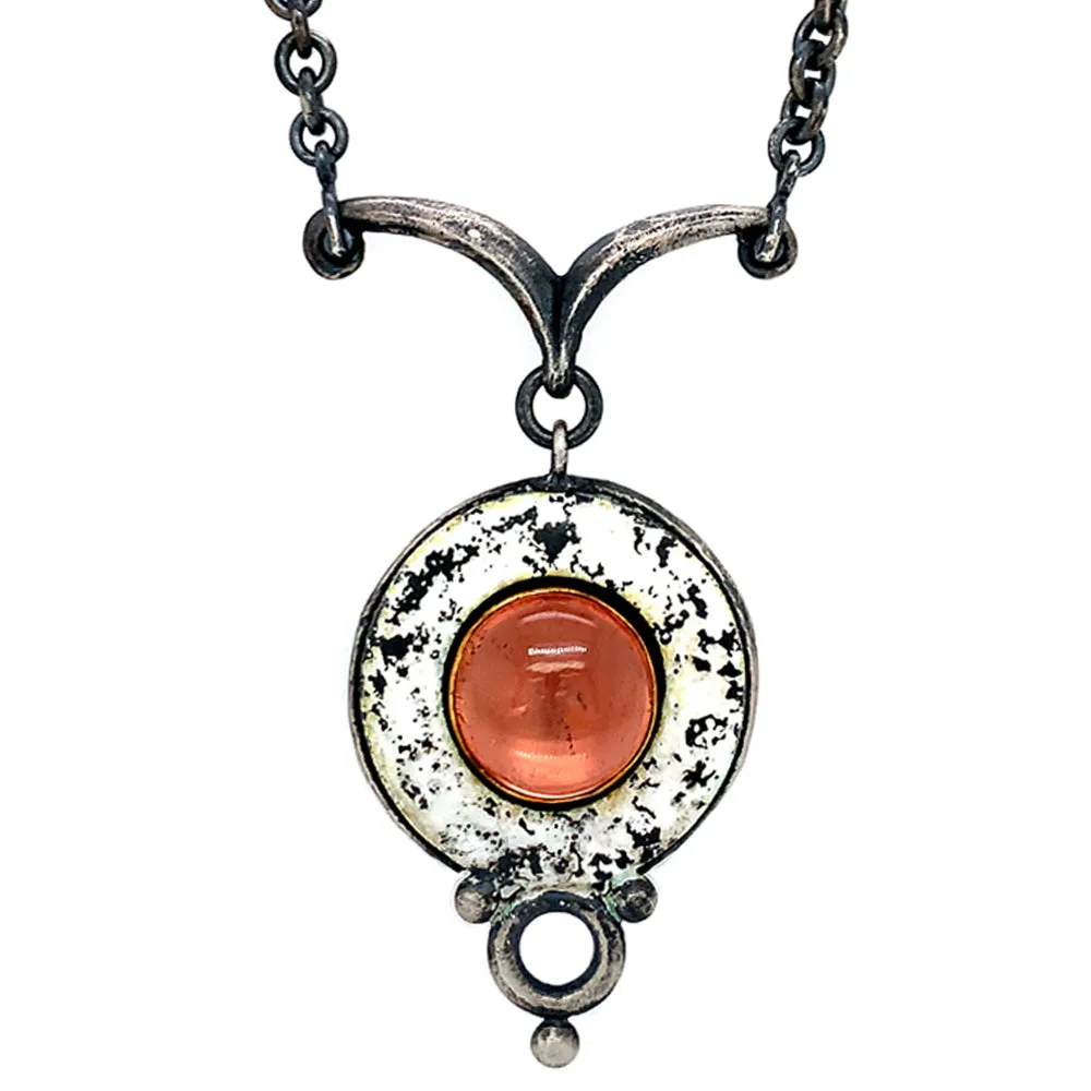 Peach Tourmaline Cabochon & White Enamel Necklace - "Maru"