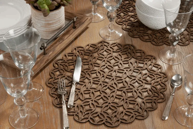 Round Placemats with Brown Laser Cut Design - Set of 4