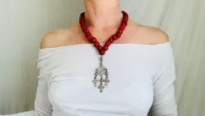 Silver Yalalag Cross Necklace. Red Glass Nepalese Beads. 2188