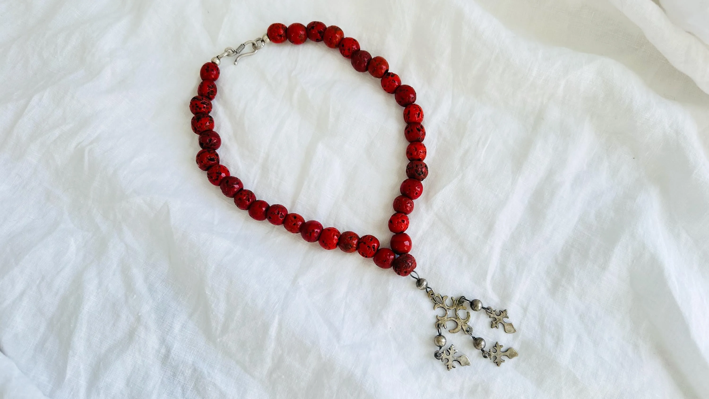 Silver Yalalag Cross Necklace. Red Glass Nepalese Beads. 2188